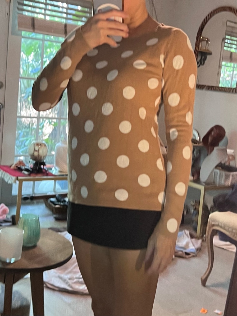 Polka Dot Crewneck Sweater in Camel and Cream